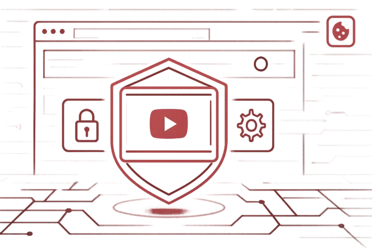 Rote Illustration zeigt Browserfenster mit Play Symbol, Schloss und Cookie Icon und steht fuer DSGVO konforme Videoeinbindung