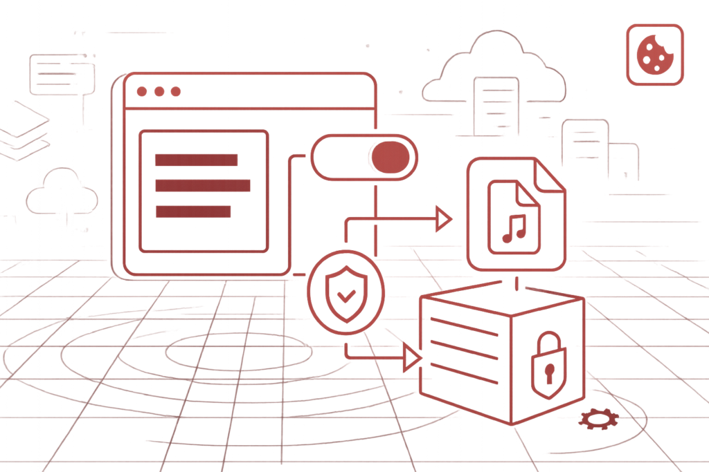Digitale Grafik mit Datei, Sicherheitszeichen und Server symbolisiert verschluesselte Datenuebertragung und Datenschutz in der Cloud