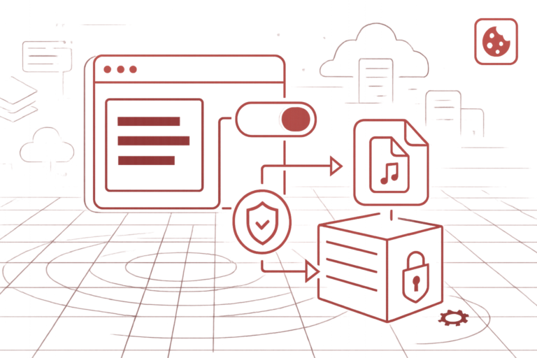 Digitale Grafik mit Datei, Sicherheitszeichen und Server symbolisiert verschluesselte Datenuebertragung und Datenschutz in der Cloud