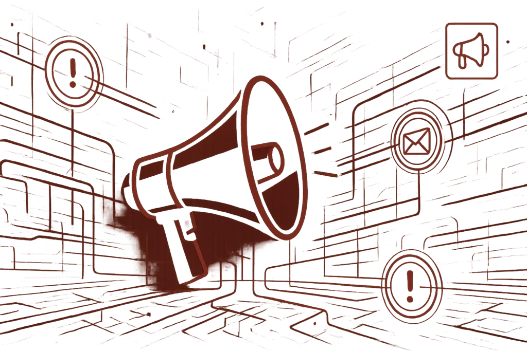 Illustration zeigt Megafon in digitalem Netzwerkumfeld als Symbol für Kommunikation, Informationsmanagement und Warnmeldungen