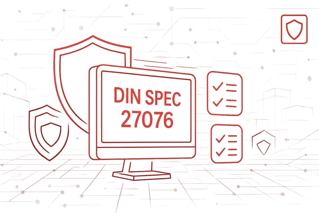 Illustration mit Monitor und Schriftzug DIN SPEC 27076, flankiert von Sicherheits- und Checklisten-Symbolen für IT-Standards