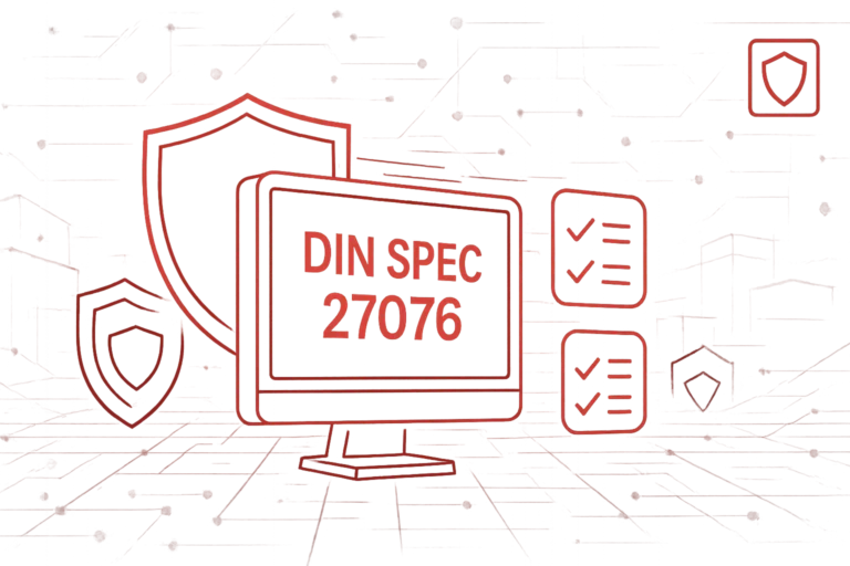 Illustration mit Monitor und Schriftzug DIN SPEC 27076, flankiert von Sicherheits- und Checklisten-Symbolen für IT-Standards