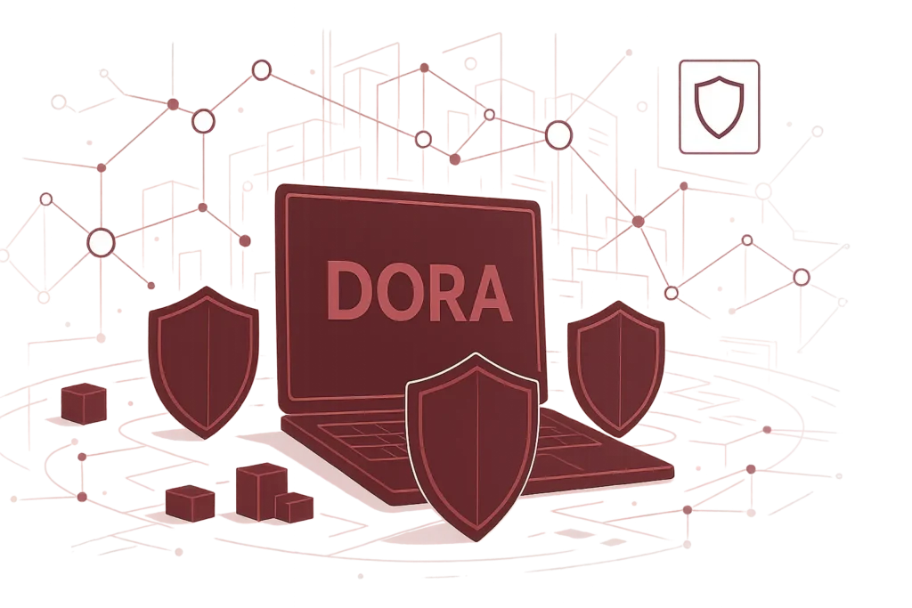Grafik mit DORA auf Computerbildschirm, flankiert von Sicherheitsschildern, symbolisiert EU-Regulierung für IT-Resilienz