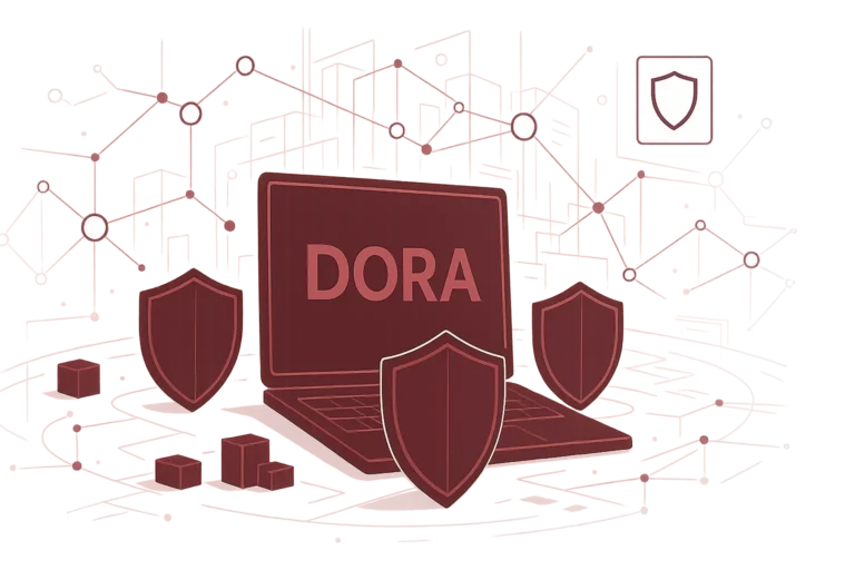 Grafik mit DORA auf Computerbildschirm, flankiert von Sicherheitsschildern, symbolisiert EU-Regulierung für IT-Resilienz