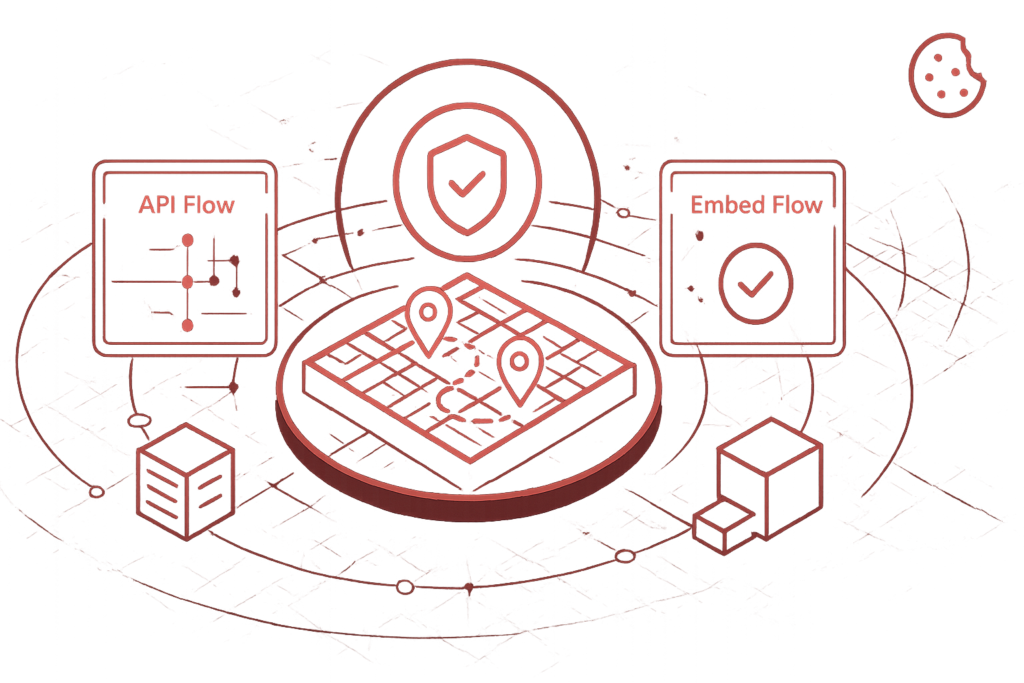 Abstrakte Darstellung einer Karte mit vernetzten Symbolen repraesentiert sichere API Kommunikation und Schutz sensibler Daten