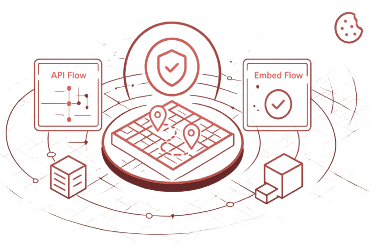 Abstrakte Darstellung einer Karte mit vernetzten Symbolen repraesentiert sichere API Kommunikation und Schutz sensibler Daten