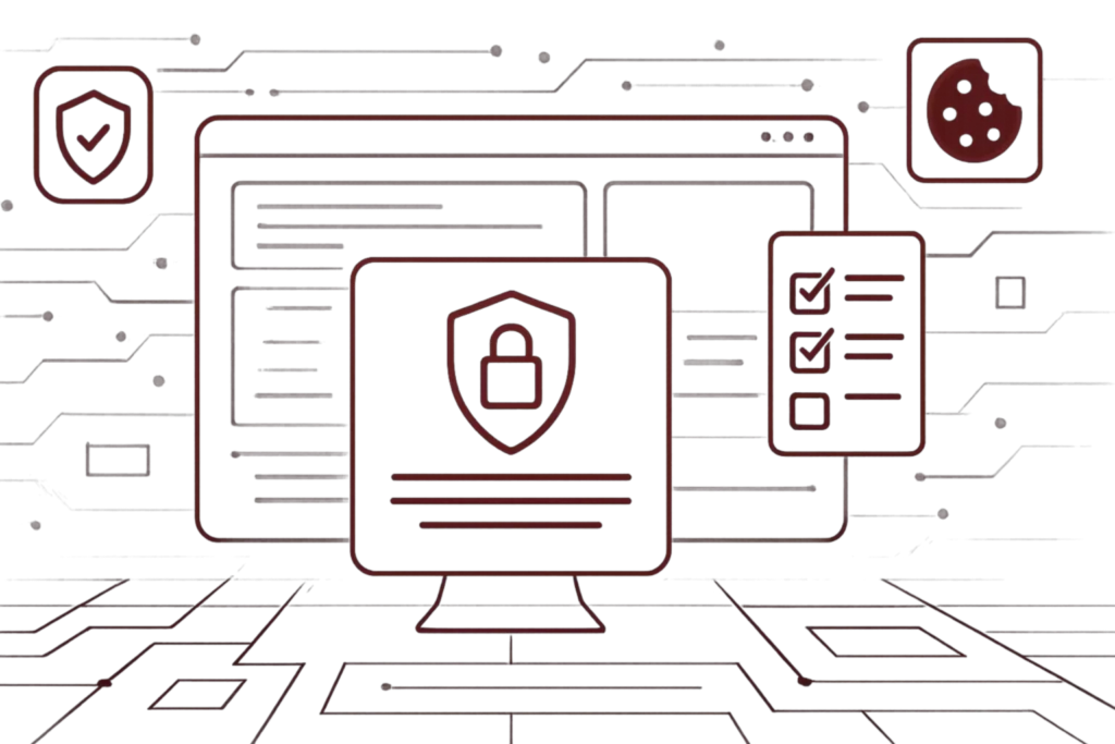 Grafik zeigt Bildschirm mit Schutzsymbol und Cookie Icon als Zeichen fuer IT Sicherheit und DSGVO konformes Webdesign