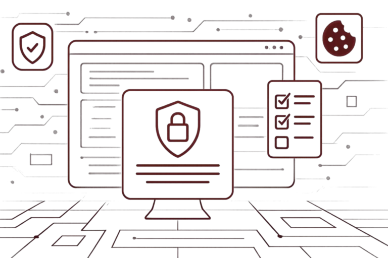 Grafik zeigt Bildschirm mit Schutzsymbol und Cookie Icon als Zeichen fuer IT Sicherheit und DSGVO konformes Webdesign