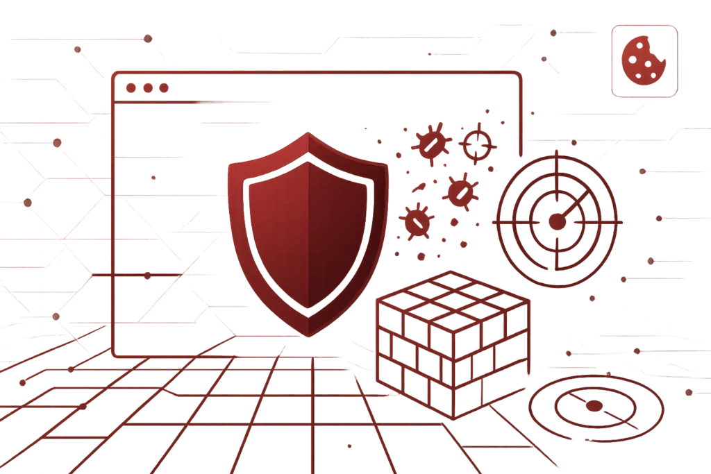 Abstrakte Grafik mit rotem Schildsymbol, Viren-Icons und Firewall-Würfel als Darstellung von IT-Sicherheit und Netzwerkschutz