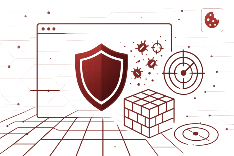 Abstrakte Grafik mit rotem Schildsymbol, Viren-Icons und Firewall-Würfel als Darstellung von IT-Sicherheit und Netzwerkschutz