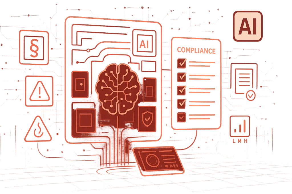 Grafische Darstellung von KI-Compliance-Management mit Gehirn, Tablet, Rechtssymbolen und Compliance-Checklisten