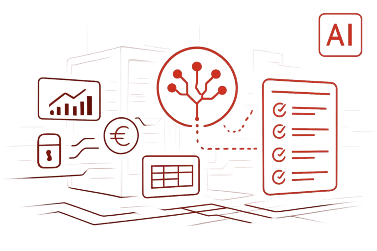Infografik zeigt KI-Netzwerk umgeben von Finanz-Symbolen wie Diagrammen, Euro-Zeichen und Compliance-Checklisten