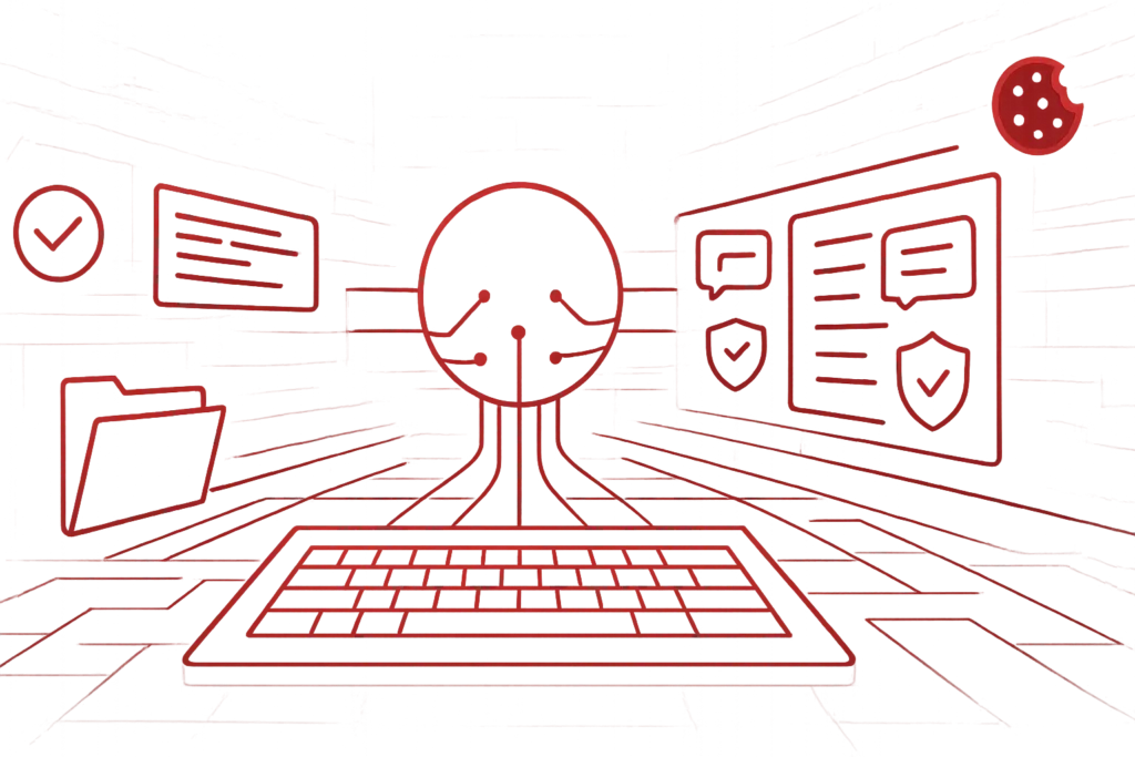 Rote Illustration mit Tastatur, Schaltkreissymbol und digitalen Fenstern als Darstellung von KI-gestützter Datenverarbeitung und Datenschutz-Automatisierung