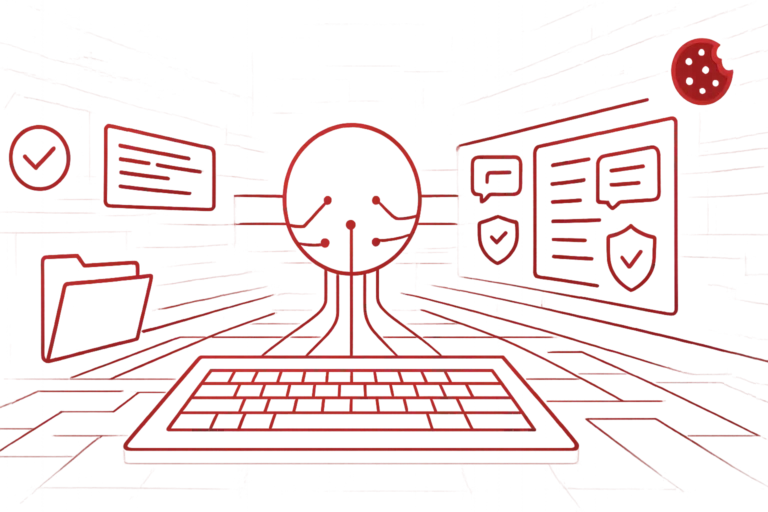 Rote Illustration mit Tastatur, Schaltkreissymbol und digitalen Fenstern als Darstellung von KI-gestützter Datenverarbeitung und Datenschutz-Automatisierung