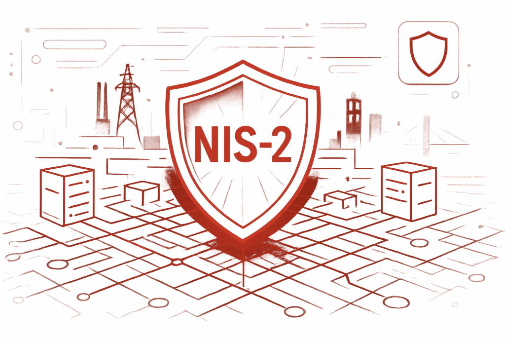 Cybersecurity-Grafik zur NIS-2 Richtlinie mit zentralem Sicherheitsschild und Netzwerkinfrastruktur-Elementen