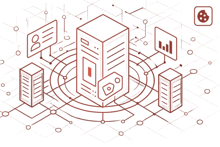 Abstrakte Darstellung von Servern und Datenknoten repraesentiert sichere Speicherung und Verarbeitung sensibler Informationen