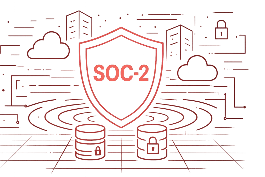 Umfassende SOC-2 Security Illustration zeigt IT-Infrastruktur mit Rechenzentren, Cloud-Services und Datenschutzelementen
