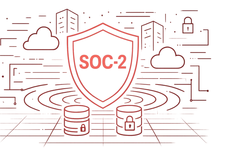 Umfassende SOC-2 Security Illustration zeigt IT-Infrastruktur mit Rechenzentren, Cloud-Services und Datenschutzelementen