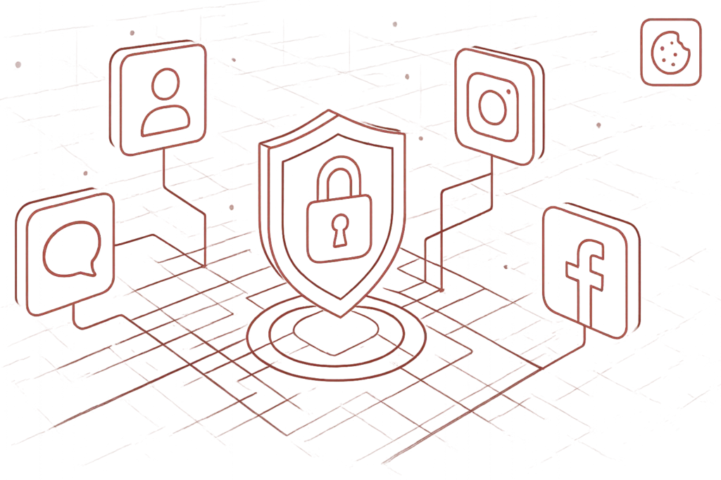 Digitale Darstellung eines Schlosses umgeben von Social Media Logos repraesentiert Datenschutz und sichere Datennutzung im Internet