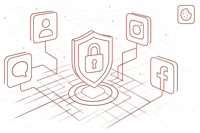 Digitale Darstellung eines Schlosses umgeben von Social Media Logos repraesentiert Datenschutz und sichere Datennutzung im Internet