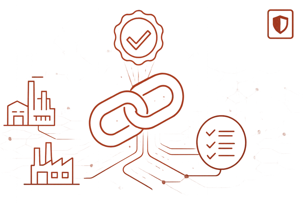 Illustration zeigt ein Kettenglied, Fabriksymbole und Checklisten als Symbol für Supply-Chain-Sicherheit und Cybersecurity