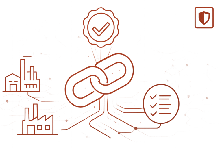 Illustration zeigt ein Kettenglied, Fabriksymbole und Checklisten als Symbol für Supply-Chain-Sicherheit und Cybersecurity