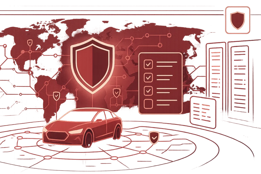 Grafische Darstellung von TISAX-Standards mit Auto, globalen Verbindungen und Sicherheitssymbolen