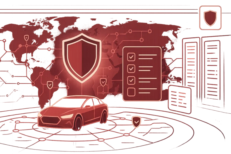 Grafische Darstellung von TISAX-Standards mit Auto, globalen Verbindungen und Sicherheitssymbolen