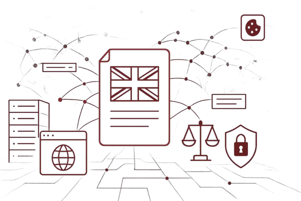 Rote Illustration mit britischer Flagge auf Dokument, umgeben von Symbolen für Datenschutz, Recht und Datensicherheit als Darstellung des UK GDPR