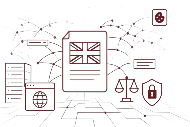 Rote Illustration mit britischer Flagge auf Dokument, umgeben von Symbolen für Datenschutz, Recht und Datensicherheit als Darstellung des UK GDPR