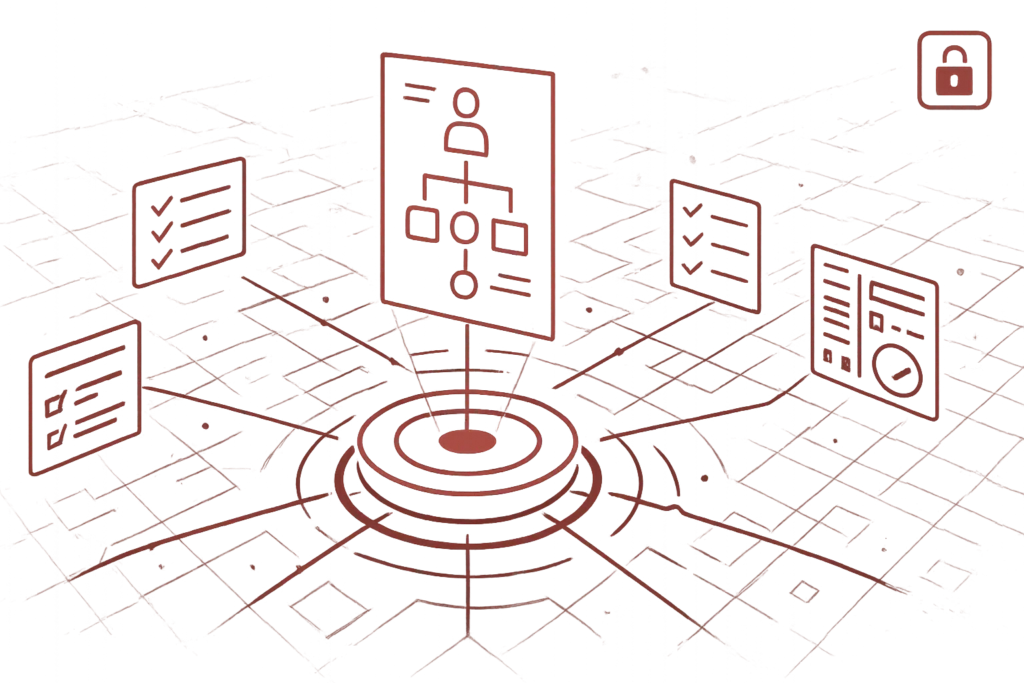 Abstrakte Darstellung eines Informationsnetzwerks mit zentralem Knotenpunkt steht fuer strukturierte digitale Prozesse