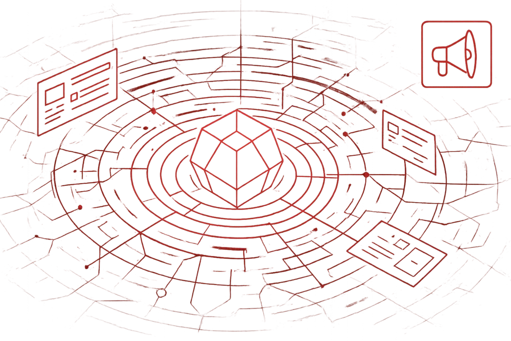 Abstrakte rote Illustration mit zentralem Würfel und verbundenen Informationsfeldern als Symbol für digitale Datenintegration