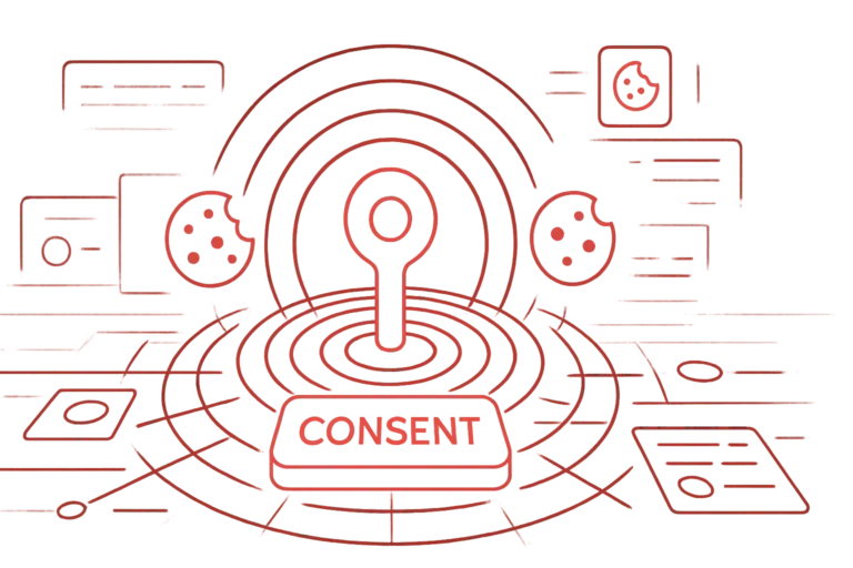 Rote Illustration zeigt großen Consent-Schalter, umgeben von Cookies, als Sinnbild für Cookie-Zustimmung auf Websites