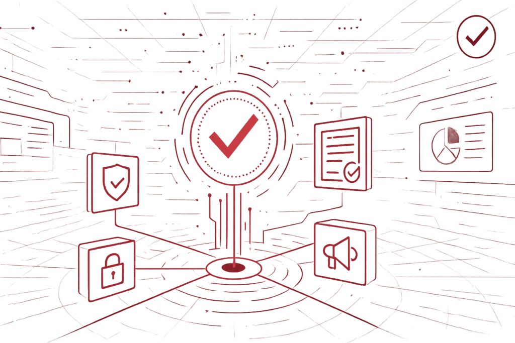 Grafik zeigt Häkchen-Symbol mit Datenschutzschild, Schloss und Dokumenten als Sinnbild für DSGVO-Konformität und Sicherheit