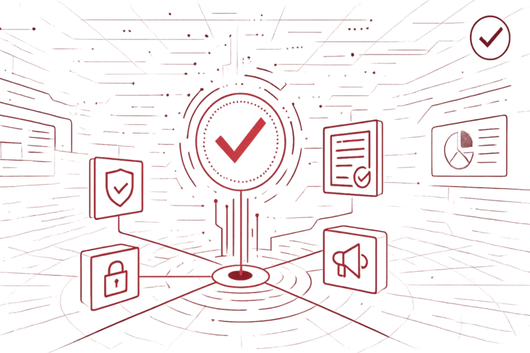 Grafik zeigt Häkchen-Symbol mit Datenschutzschild, Schloss und Dokumenten als Sinnbild für DSGVO-Konformität und Sicherheit