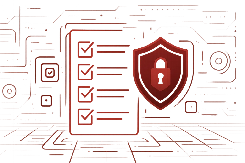 Grafische Darstellung eines digitalen Sicherheitskonzepts mit Schutzschild und Kontrollliste für Datenschutzrichtlinien
