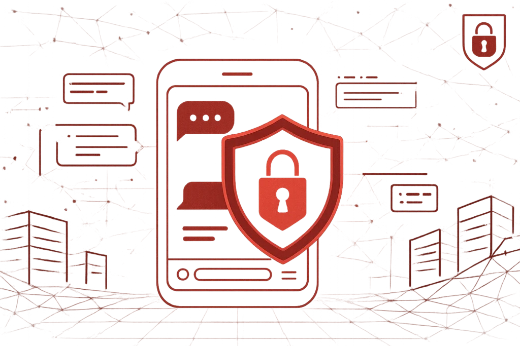 Illustration mit Smartphone und Sicherheitssymbol in Rot betont Schutz von Daten und sichere digitale Kommunikation