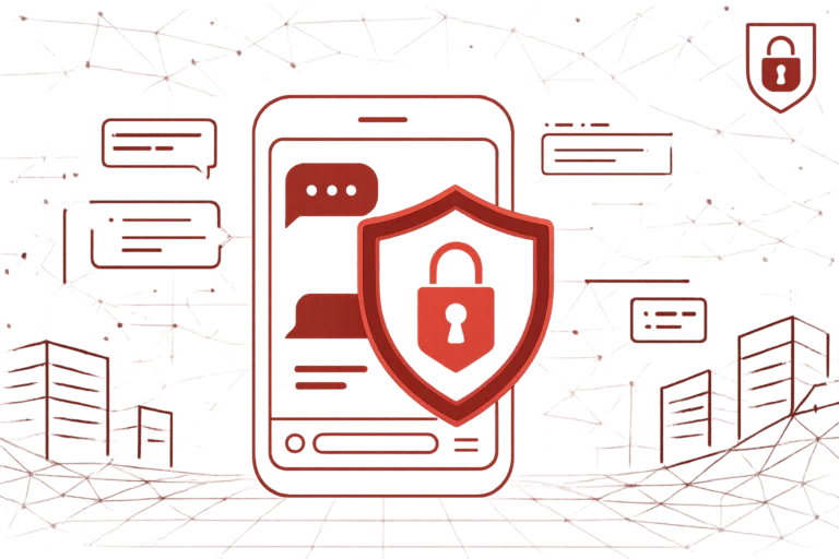 Illustration mit Smartphone und Sicherheitssymbol in Rot betont Schutz von Daten und sichere digitale Kommunikation