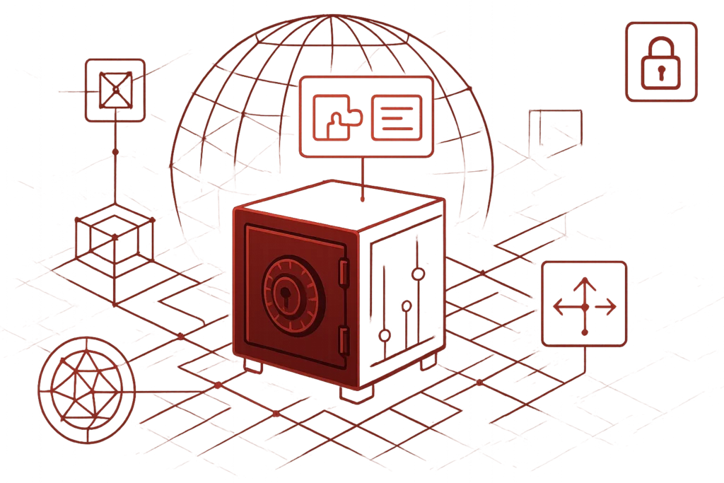 Rote Grafik mit Tresor und globalem Netzwerk zur Darstellung sicherer Datenspeicherung und Cybersecurity