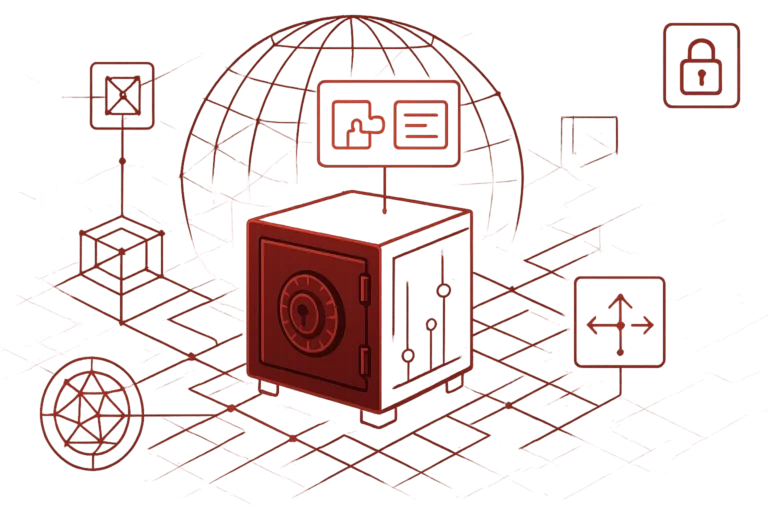 Rote Grafik mit Tresor und globalem Netzwerk zur Darstellung sicherer Datenspeicherung und Cybersecurity
