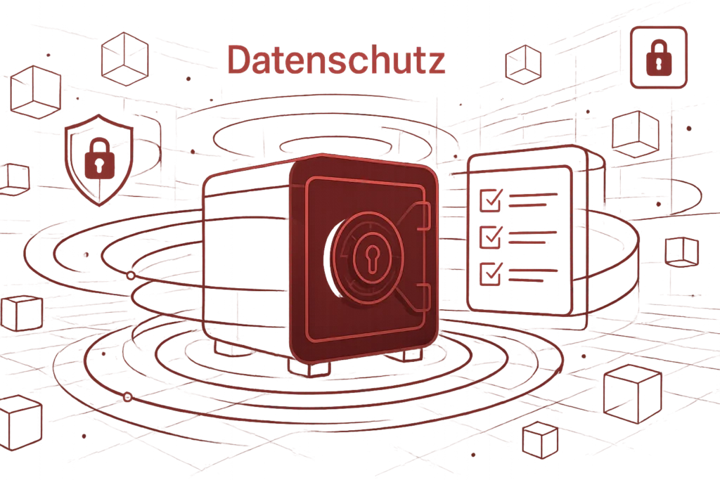 Rotes Symbol eines Tresors mit Schloss steht fuer Datenschutz und sichere digitale Datenspeicherung in Netzwerken