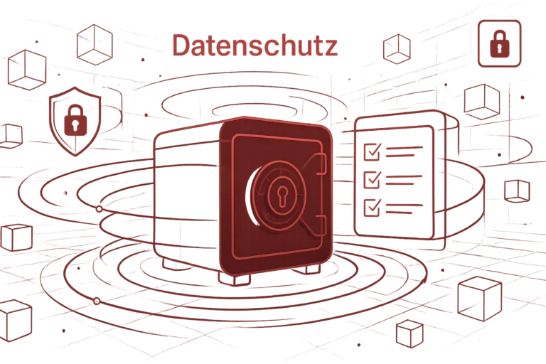 Rotes Symbol eines Tresors mit Schloss steht fuer Datenschutz und sichere digitale Datenspeicherung in Netzwerken