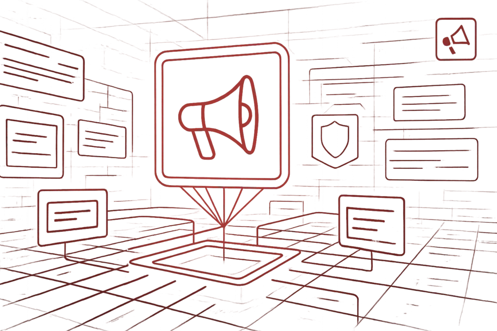Illustration eines Megafons umgeben von Content-Karten als Symbol für digitales Marketing
