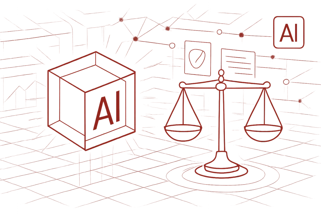 Minimalistische Illustration zeigt KI-Ethik mit Waage-Symbol für Gerechtigkeit und AI-Würfel auf vernetztem Hintergrund