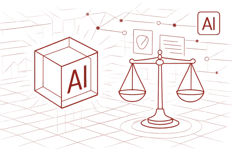 Minimalistische Illustration zeigt KI-Ethik mit Waage-Symbol für Gerechtigkeit und AI-Würfel auf vernetztem Hintergrund