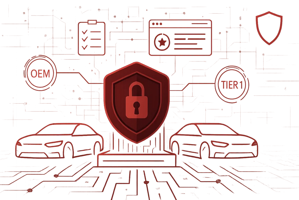 Grafik mit Schloss-Symbol auf Schutzschild, flankiert von zwei Autos, symbolisiert Cybersecurity und Datenschutz im Automotive-Bereich