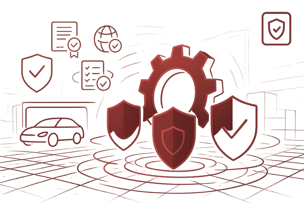 Darstellung von Cybersecurity und Netzwerkschutz mit Sicherheitsgrafiken, Schilden und Management-Symbolen auf rotem Hintergrund