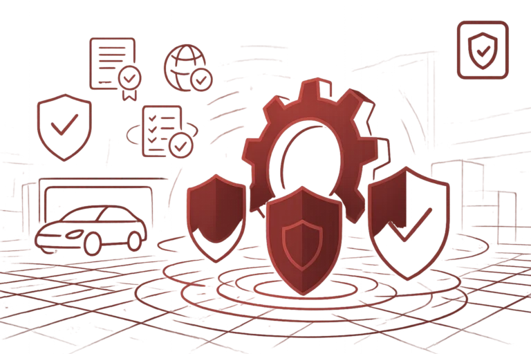 Darstellung von Cybersecurity und Netzwerkschutz mit Sicherheitsgrafiken, Schilden und Management-Symbolen auf rotem Hintergrund
