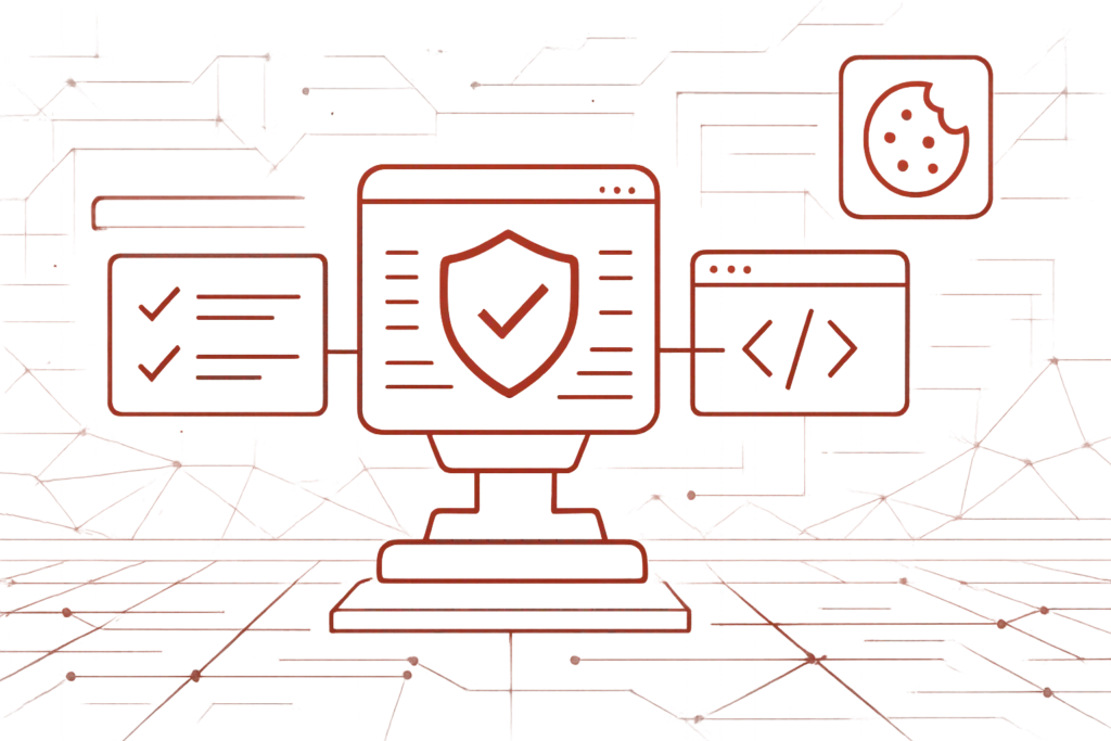 Illustration eines Monitors mit Sicherheitssymbolen, Code-Elementen und Datenschutzgrafik in Rot als Symbol für Cybersicherheit