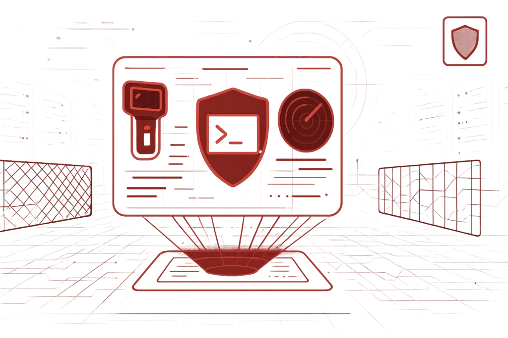 Digitales Cybersicherheits-Dashboard mit Schutzschild, USB-Authentifizierung und Radar-Überwachungssystem in rotem Design